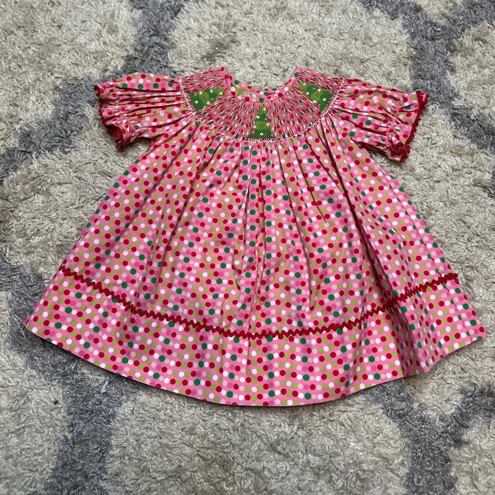 Pink Polka Dot Smocked Dress with Christmas Trees